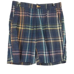 Tommy Bahama Relax Beach Shorts Linen Navy Blue Plaid Flat Front Mens 32